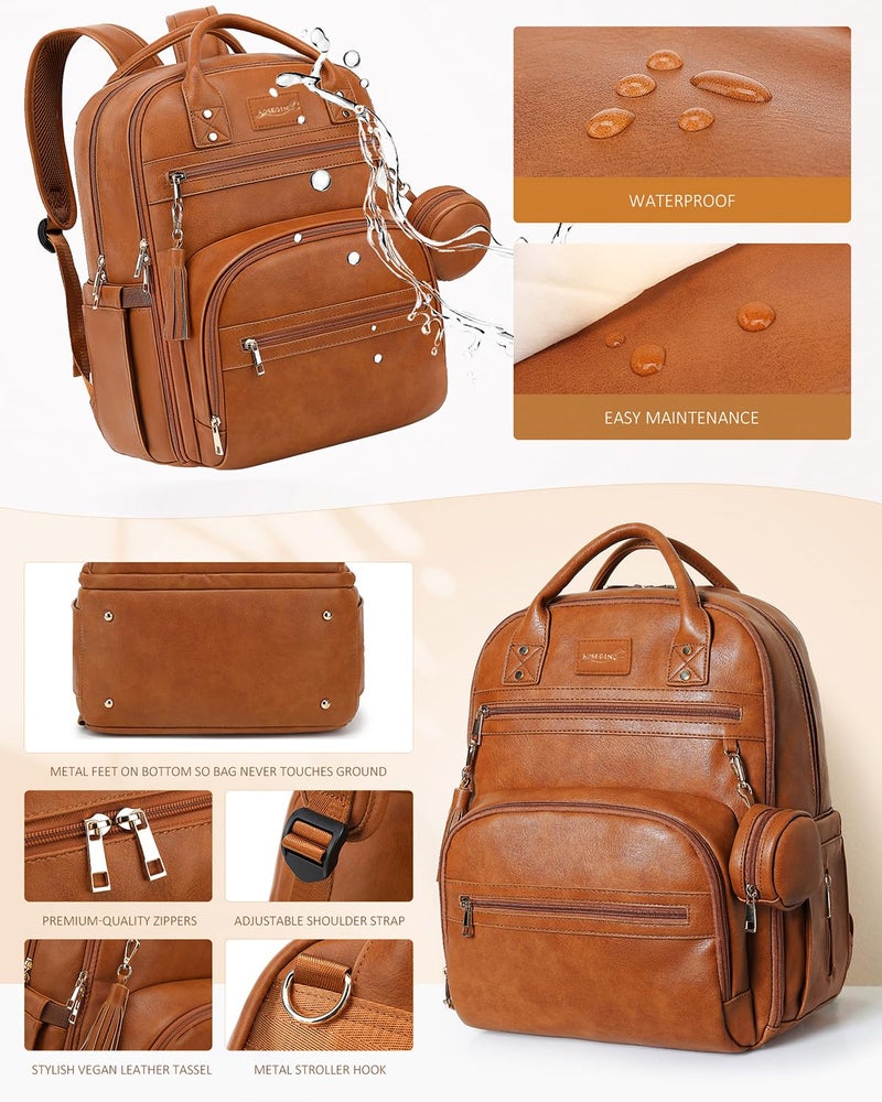 ROSEGIN Premium Vegan Leather Diaper Bag Backpack with Waterproof Changing Pad, Reinforced Zippers & Odor-Free, 20 Pockets Pro Organizer, Fits 15.6" Laptop, Stroller Straps, Baby Bag for Mom, Brown - Image 5